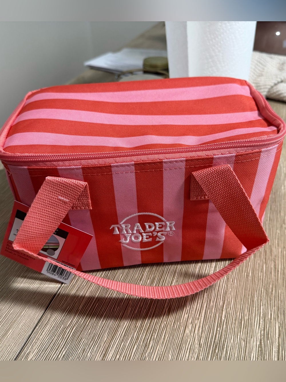 Trader Joe's Pink & Coral Striped Insulated Lunch Bag. Brand new